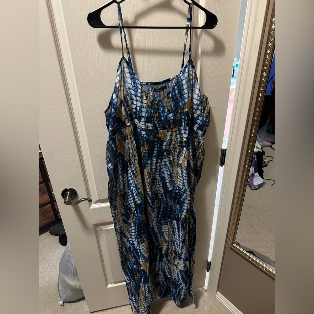 Boohoo Blue & Tan Abstract Maxi Slip Dress